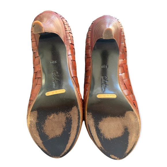 Cole Haan Basket Weave Leather Peep Toe Heels - Picture 5 of 5